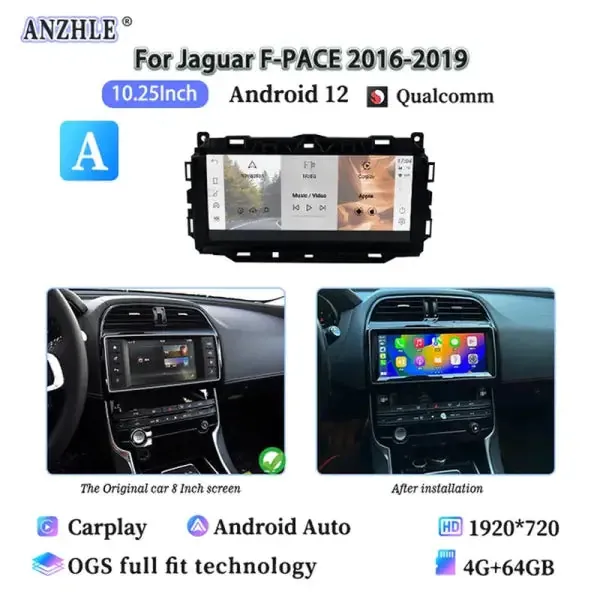 Android 13 GPS Radio Multimedia Player Wireless Carplay And Auto Original Car OEM Menu 10.25” Compatible With Jaguar XE XEL F-PACE X760 X761