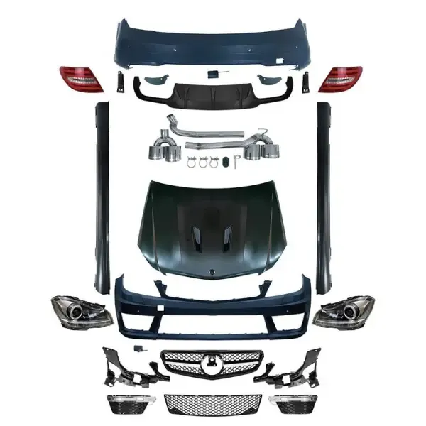 Upgrade Facelift Convert Bodykit To W204 Lci Amgc63 Bumper Headlight Taillight Side Skirts Diffuser Exhaust Tips Hood CC-5517 Compatible With Mercedes C Class W204 2007-2014