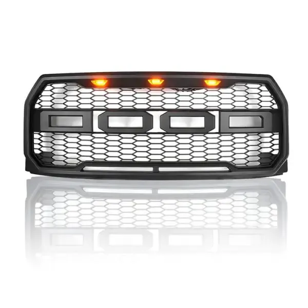 Front Bumper Show Grill With Light Black Usa CC-3161 Compatible With Ford Raptor F150 2015-2017