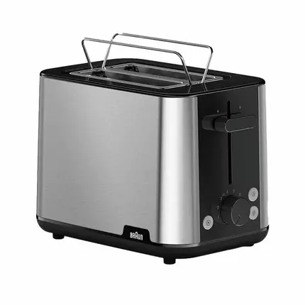 Braun Toaster 900W PurShine with 2 Slots, 8 Toast Levels, Pull Out Tray, Bread Lifter, Bun Warmer, Stainless Steel HT101BI-HT1510BK