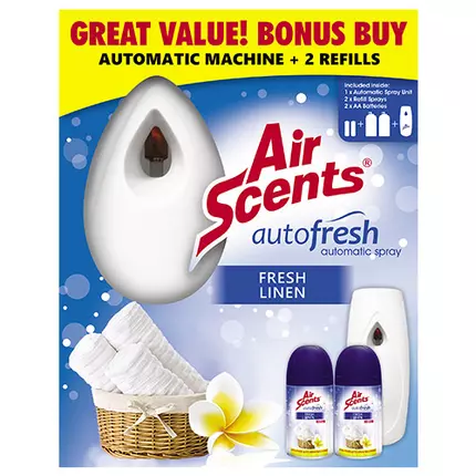 Shield-Home Air Scents Automatic Machine, Value Pack, Neutralizes Odors, Easily Refillable, Fresh Linen, 250ml SH1040