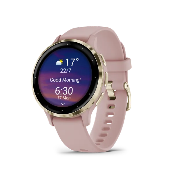 Garmin Venu 3S: Soft Gold Stainless Steel Bezel Dust Rose Case and Silicone Band