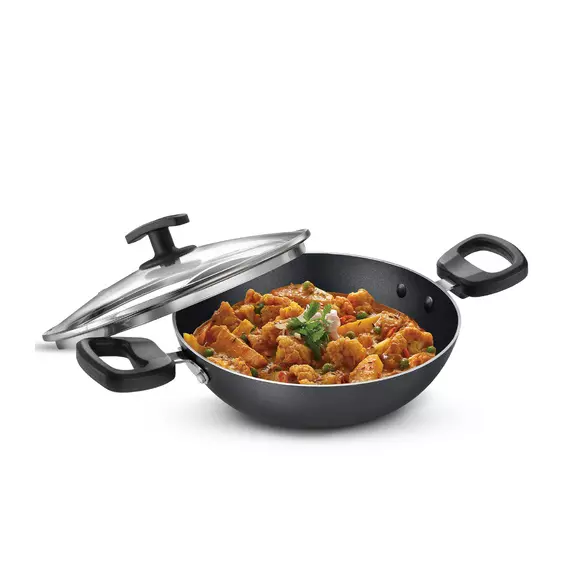 Judge Non-Stick Kadai with Glass Lid for Everyday Use - 22cm - 1.6L, Low Oil Cooking, Easy to Clean, with Cool Touch Handle 37284