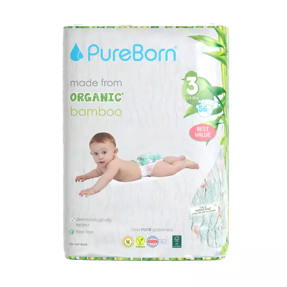 Pure Born Nappies Size 3 Double, 5.5-8kg, 2-8 Months (Pack of 168pcs)