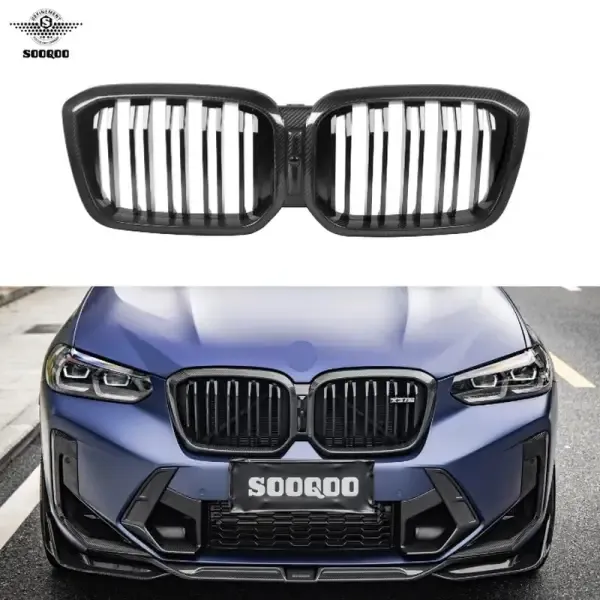 Dry Carbon Fiber Double Slat Gloss Black Center Mesh Grill Grille Front Bumper Kidney Compatible With BMW G01 G08 F97 X3 G02 X4 LCI 2022-IN