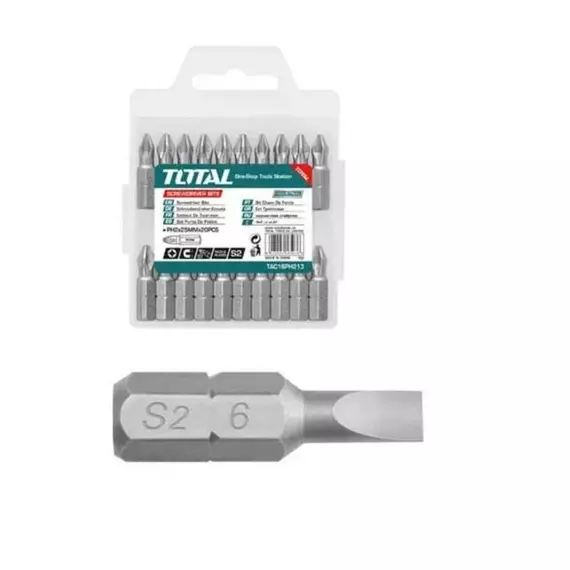 Total Screw Driver Bit Set SL6.0 x 1.0 / 25mm, Magnetic, Nickel Plated 20pcs Set TAC16SL413