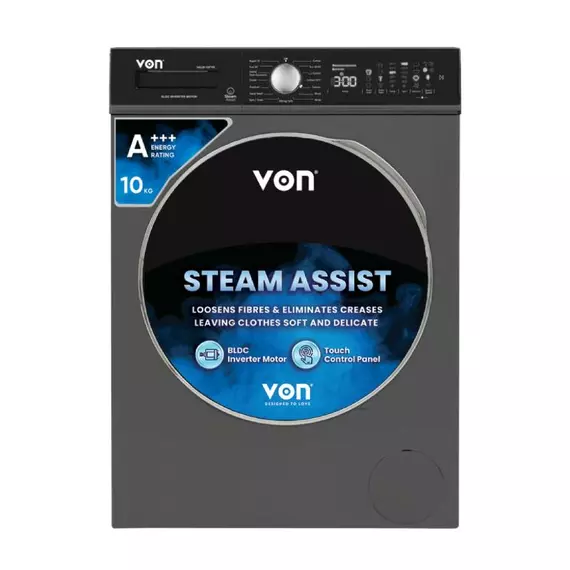 Von Front Load Washing Machine 10 KG, Silver Inverter Motor VALW-10FVK