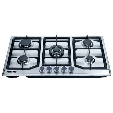 Nikai Gas Cooker 5 Burner Steel Built in Hob 800x500x120 NGH5005N Stainless Steel Auto Ignition System With Cast Iron Pan Support Straight Flame