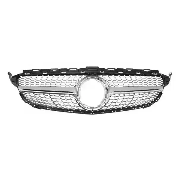 Front Bumper Grill Diamond Silver With Camera Hole CC-1717 Compatible With Mercedes Benz C Class W205 2014-2019