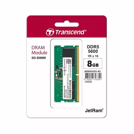 Transcend Laptop Memory Module - 8GB RAM DDR5 5600, SO-DIMM, 1Rx16 Configuration, 1Gx16, CL46, 1.1V, JM5600ASG-8G.