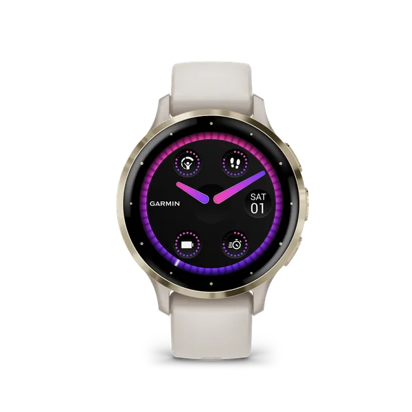 Garmin Venu 3S: Soft Gold Stainless Steel Bezel with Ivory Case and Silicone Band