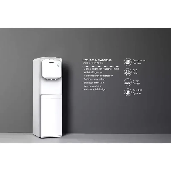 Nikai Water Dispenser 3 Taps Top Load With Refrigerator NWD1300R 3 Taps Hot Normal And Cold Compressor Cooling Steel Tank Anti Bacterial Design