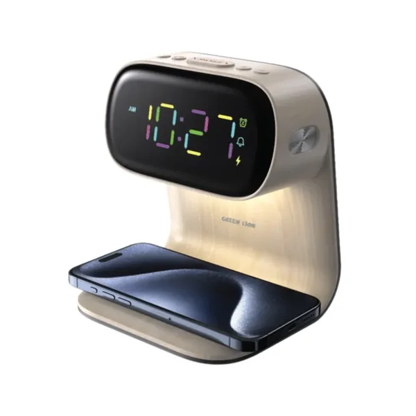 Green Lion Bedside Clock with Wireless Charger - Wood