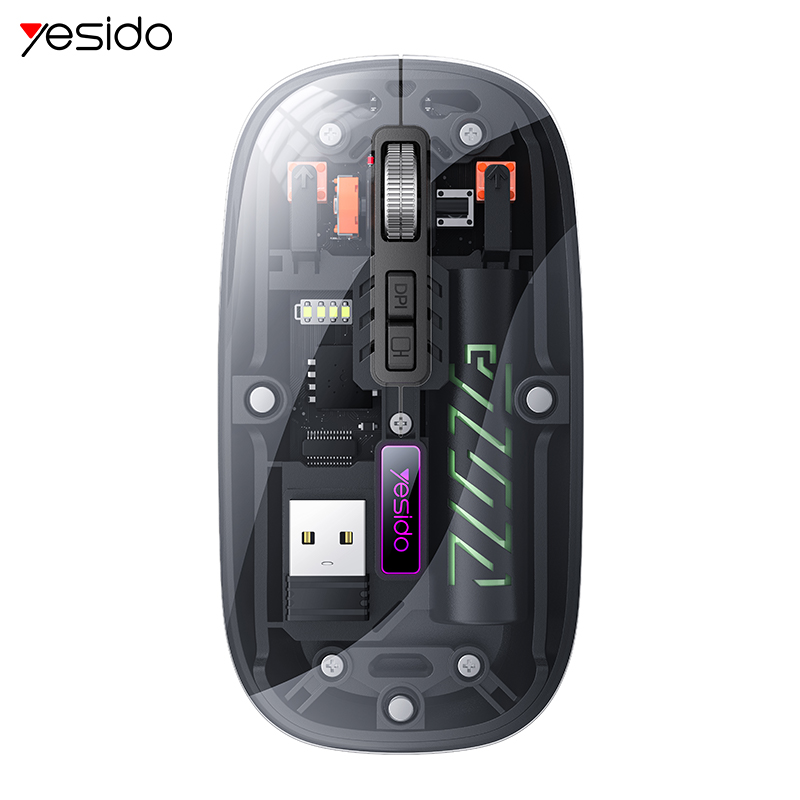 Yesido KB29 Mute Button Dual-mode Connection Ergonomic Design Crystal Transparent 2.4G+BT Wireless Mouse