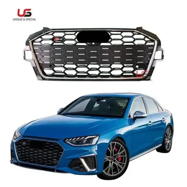 High Quality Auto Front Grille Upgrade to S4 Silver Gloss Black Frame Bumper Grille ABS Material Compatible With Audi A4 S4 2020-2021