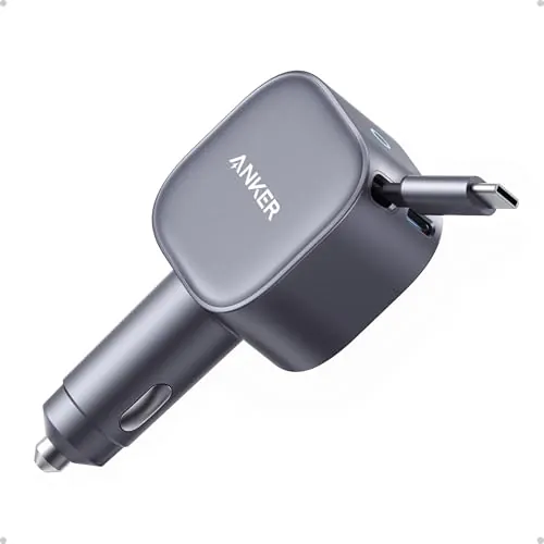 Anker USB-C Car Charger, 75W Max Ultra-Compact Type-C Fast Car Charger with Built-in Retractable Cable Car Adapter