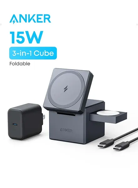 3-in-1 Cube Compatible with MagSafe - 15W Fast Charging, Foldable Wireless Charge Station for Apple Watch, iPhone 17/16/15, and AirPods Pro (Charger and Interchangeable Plugs Included)
