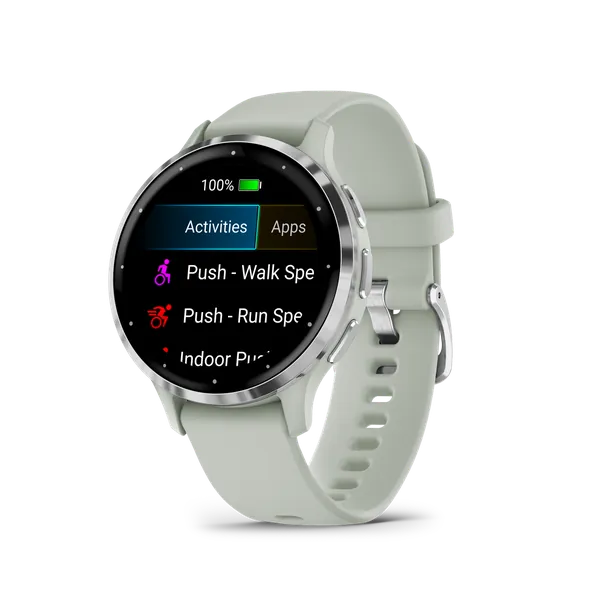 Garmin Venu 3S: Silver Stainless Steel Bezel with Sage Grey Case and Silicone Band