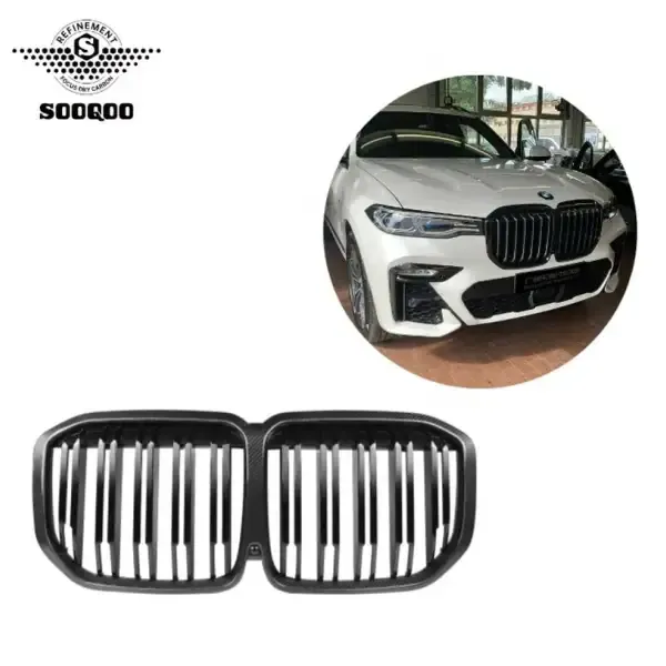 Dry Carbon Fiber Double Slat Gloss Carbon Car Grille Grill Mesh Front Bumper Kidney Compatible With BMW X7 G07 2020-2023