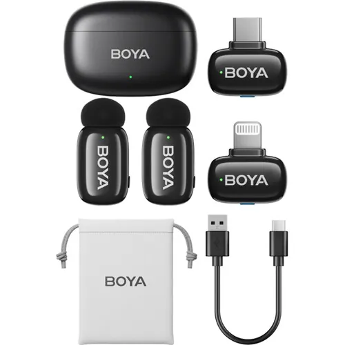 BOYA mini 2-Person Tiny Wireless Microphone System with Lightning & USB-C Connectors for Mobile Devices (2.4 GHz, Black)