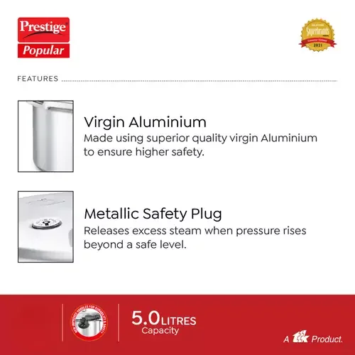 Prestige Pressure Cooker - 5L Capacity, Virgin Aluminum Construction, Features Precision Weight Valve - 10013