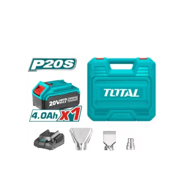 Total Cordless Heat Gun 20V 300/550°C with Reduction, Reflector & Flat Nozzle, 4.0Ah Battery & Charger TBLI20025