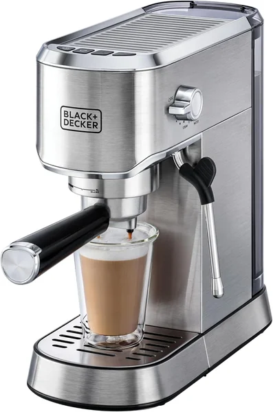 BLACK& DECKER 15-Bar Espresso Coffee Machine, 1450W Power, 1.0L Tank, Milk Frother, Thermo Block Heating, Dual-Level Drip Tray, Ideal for Cappuccino, Latte, Americano, Macchiato, Silver - ECM150-B5