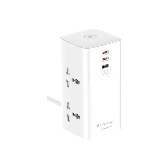 Lightwave Power Extension Tower with 3 Pin 4 Way Socket, 3 USB Fast Charging Ports 70W LW-EXT-43U-3P