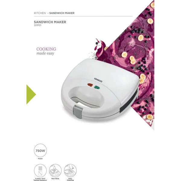 Kenwood Sandwich Maker & Grill 2 in 1 Multi-Functional Plates For Grilling & Toasted Sandwiches Thermostatically Controlled SMP01.A0WH