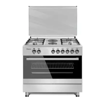 Hisense Cooker Free Standing 90x60cm 4 Gas Burners, 2 Electric Burner, Electric Oven, Glass Lid, Silver HF942GEES
