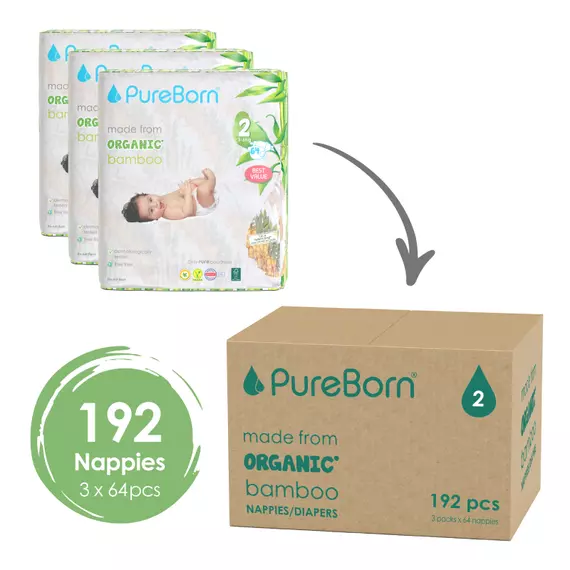 Pure Born Nappies Size 2 Double, 3-6kg, 1-4 Months (Pack of 192pcs)