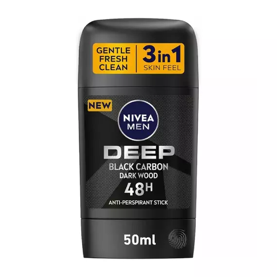 NIVEA MEN Antiperspirant Stick for Men, 48h Protection, DEEP Black Carbon Antibacterial, Woody Scent, 50ml (pack of 5pcs)
