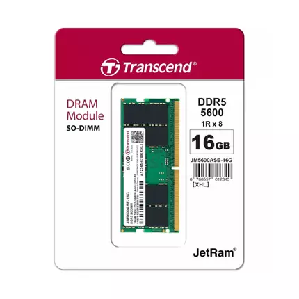 Transcend Notebook/Laptop Memory Module - 16GB RAM DDR5 5600, SO-DIMM, 1Rx8 Configuration, 2Gx8, CL46, 1.1V, JM5600ASE-16G.
