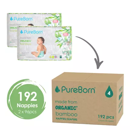 Pure Born Nappies Size 4, Master 7-12kg, 6-12 Months (Pack of 192pcs)
