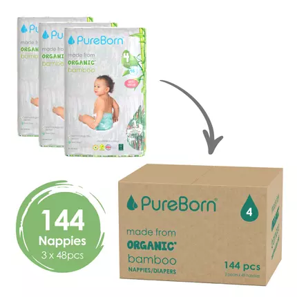 Pure Born Nappies Size 4 Double, 7-12kg, 6-12 Months (Pack of 144pcs)