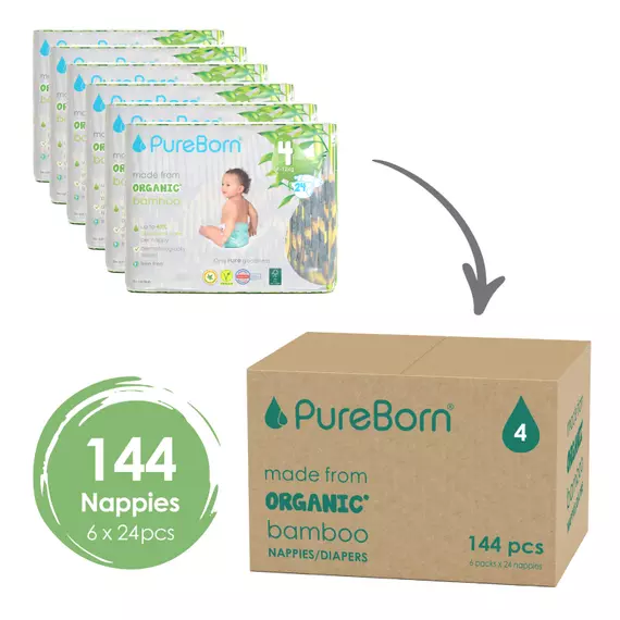Pure Born Nappies Size 4 Single, 7-12kg, 6-12 Months (Pack of 144pcs)