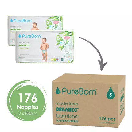 Pure Born Nappies Size 5, Master 11-18kg, 6-12 Months (Pack of 176pcs)