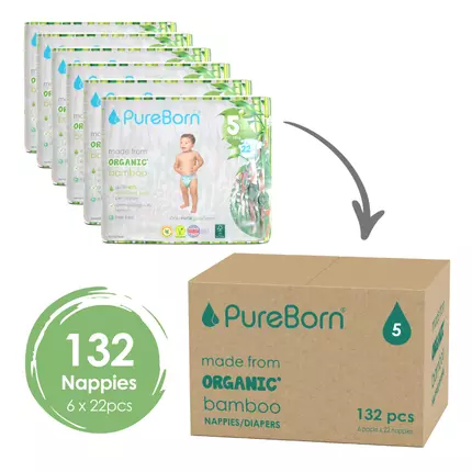 Pure Born Nappies Size 5, Single 11-18kg, 6-12 Months (Pack of 132pcs)