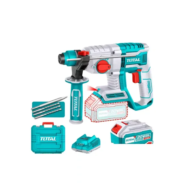 Total Cordless Rotary Hammer Drill 2.0J SDS PLUS Lithium-ion 20V with 3pcs Drill Bits, Chisel, 4.0Ah Battery, Charger TRHLI202081