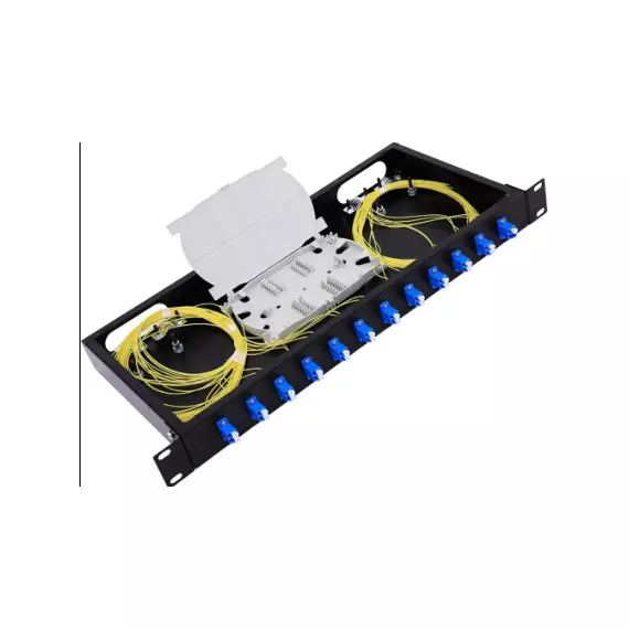 Drawer type, OPZ/JJ-LC 24F LC, 1U, 24 core. Accessories included: 1 x Splice tray 24 core, 12 x LC/UPC Duplex Adapters, 24 x LC/UPC Pigtail, G657A1, 0.9mm, SM, length: 1.5m, 24 x Heat Shrink