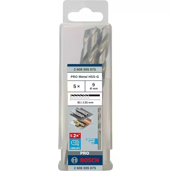 Bosch Metal Drill Bits HSS‐G DIN 338‐ 9mm X 81 X 125mm 2608595075 (Pack of 5Pcs)