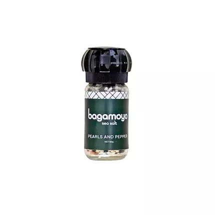 Bagamoyo Pearls & Pepper Sea Salt 80g Grinder with Salt Pearls & Black Pepper, Iodized