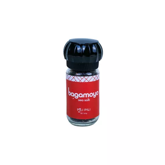 Bagamoyo Pili Pili Sea Salt 80g Grinder with Salt Pearls, Black Pepper & Chilli Flakes, Iodized