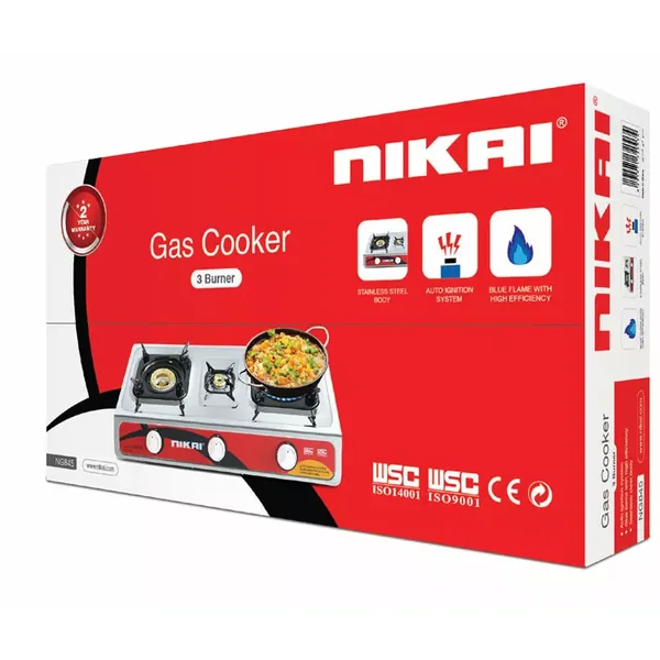 Nikai Gas Cooker 3 Burner Stainless Steel Gas Burner with Auto Ignition System, Blue Flame with High Efficiency, Stainless Steel Body, Full Safety Features NG845