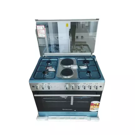 Westpoint Freestanding Cooker 4 Gas, 2 Electric Plates, Electric Oven with Grill Glass Lid. Auto Ignition, Inox WCER9642E8X