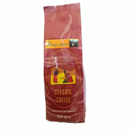 Magic Beans Classic Ground Coffee 500gms. A delicious, medium bodied and easy, all day drinking coffee with great notes of chocolate fruity finish.