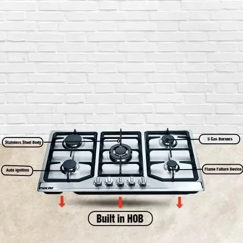 Nikai Gas Built In Hob 5 Burner Stainless Steel Cooktop With Full Safety Cast Iron Pan Support NGH5005N
