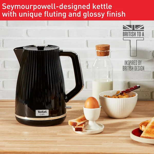 Tefal Loft Electric Kettle KO250840 with 1.7L Capacity, 3000W Fast Boil, Quiet, Washable Anti-Scale Filter, Cordless, 360° Rotational Base, Auto Shut-Off, Narrow Spout, Stylish Gloss Design, Black