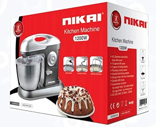 Nikai Kitchen Machine 6.5L Steel Bowl With Cover 1200W NSM650A Stainless Steel Bowl With Cover Metal Gear 3 Blades Whisk, Dough Hook & Beater 10 Speed With Pulse