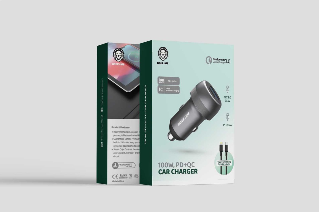 Green Lion PD + QC Car Charger With Type-C To Lightning Cable (1m)